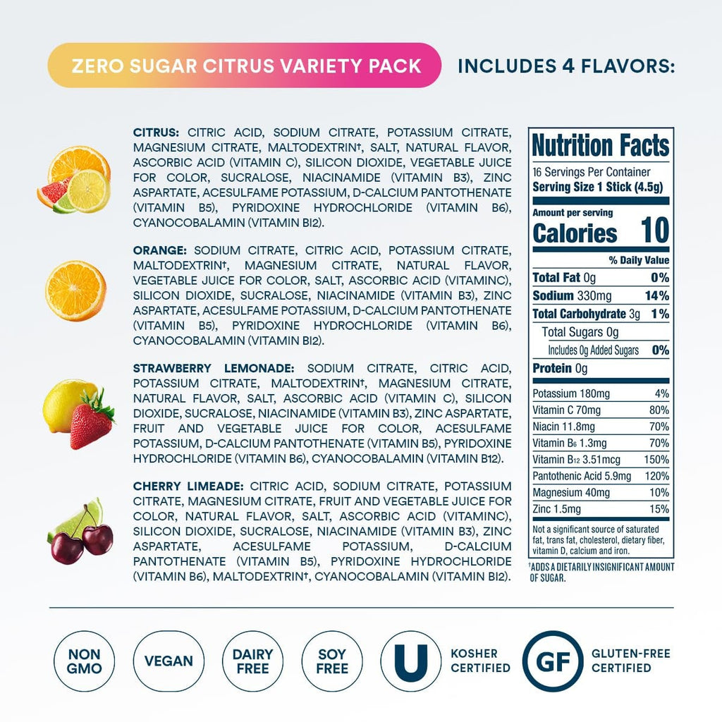 DripDrop Zero Sugar Citrus Variety Pack Electrolyte Powder, 8 oz sticks, 16 count N4