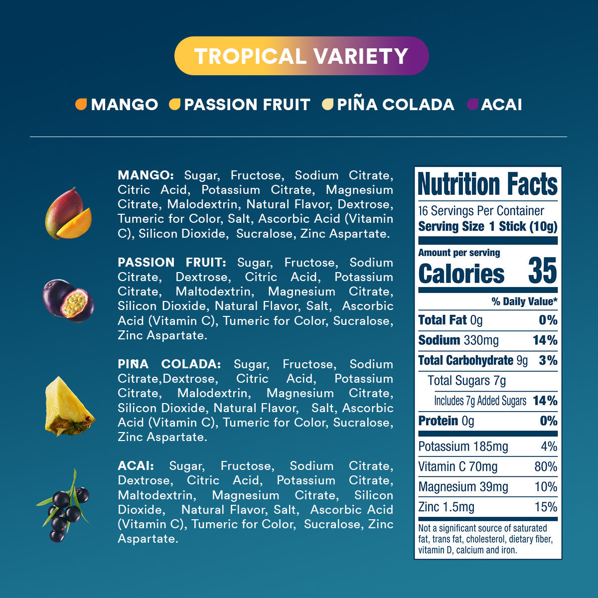 DripDrop Tropical Variety Pack Electrolyte Powder, 8 oz sticks, 16 count B3