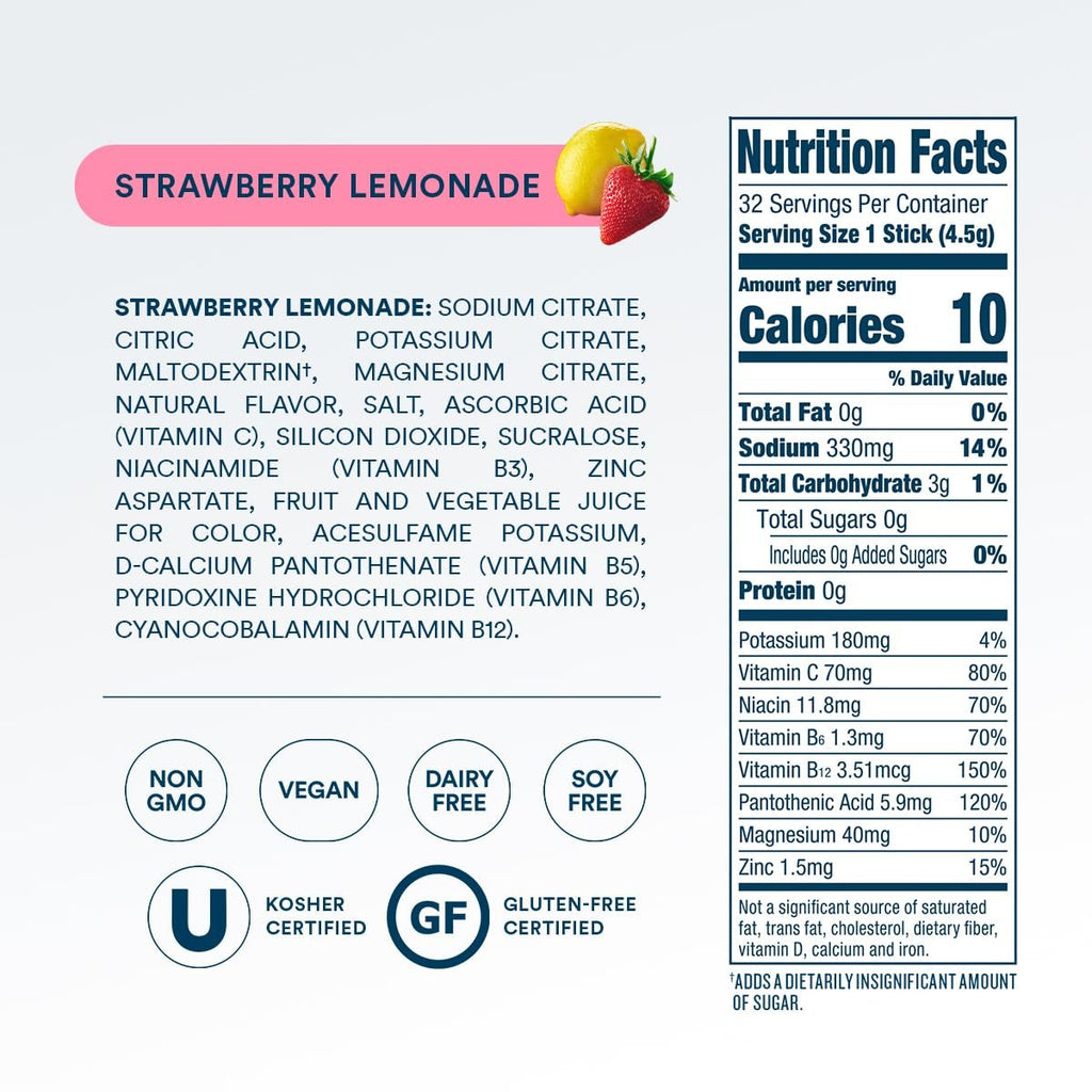DripDrop Zero Sugar Strawberry Lemonade Electrolyte Powder, 8 oz sticks, 32 count L0