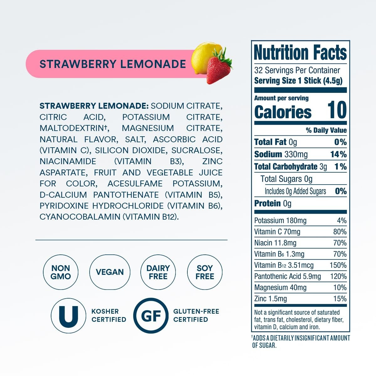 DripDrop Zero Sugar Strawberry Lemonade Electrolyte Powder, 8 oz sticks, 32 count L0