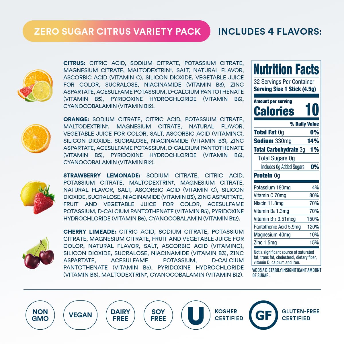 DripDrop Zero Sugar Citrus Variety Pack Electrolyte Powder, 8 oz sticks, 32 count R0