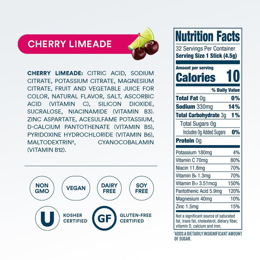 DripDrop Zero Sugar Cherry Limeade Electrolyte Powder, 8 oz sticks, 32 count Z4