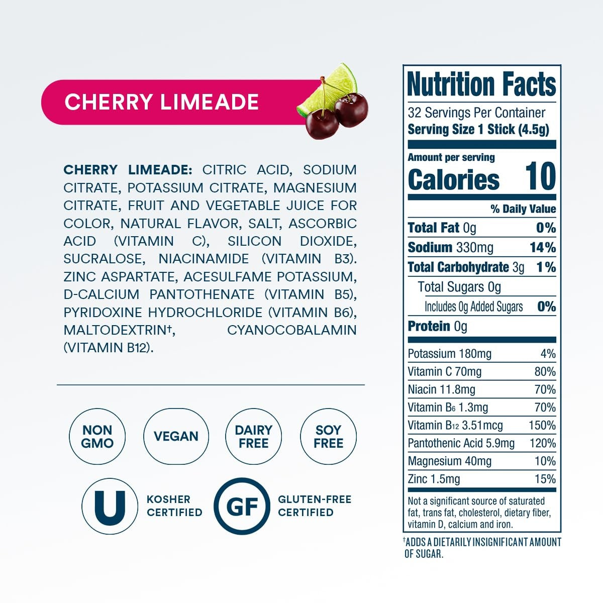 DripDrop Zero Sugar Cherry Limeade Electrolyte Powder, 8 oz sticks, 32 count Z4