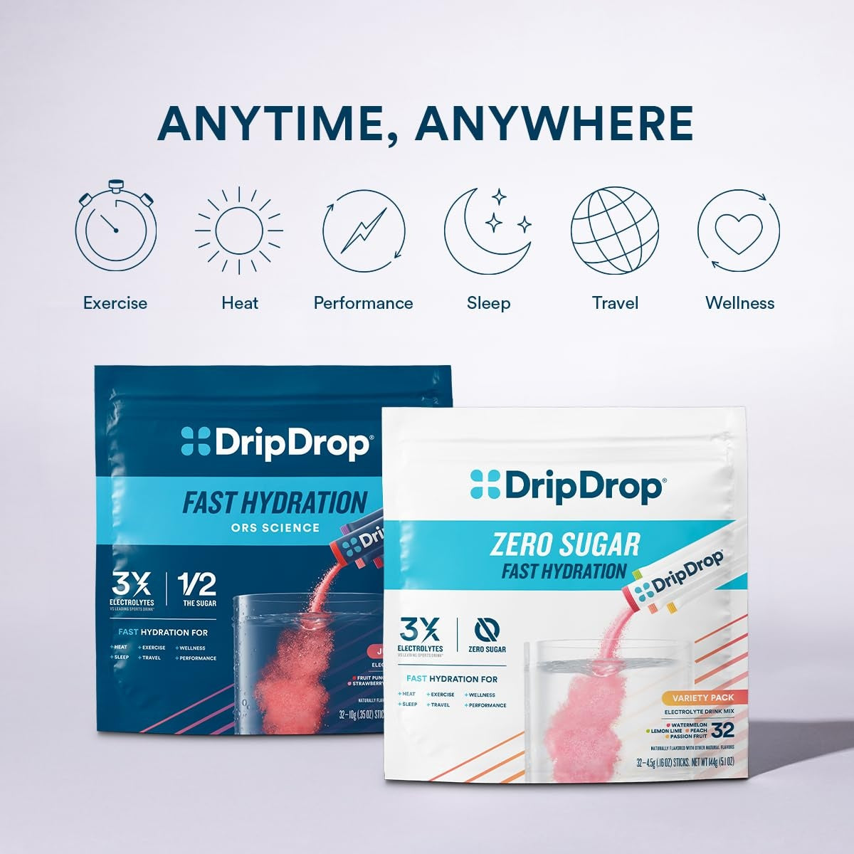 DripDrop Zero Sugar Strawberry Lemonade Electrolyte Powder, 8 oz sticks, 32 count L0