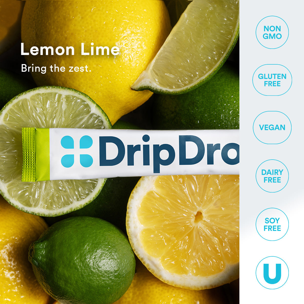 DripDrop Zero Sugar Lemon Lime Electrolyte Powder, 8 oz sticks, 32 count W9