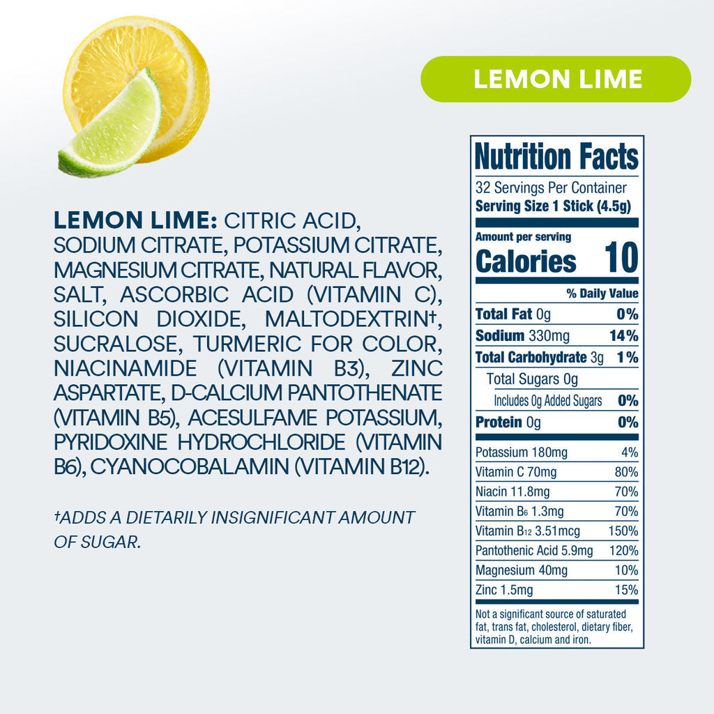 DripDrop Zero Sugar Lemon Lime Electrolyte Powder, 8 oz sticks, 32 count W9