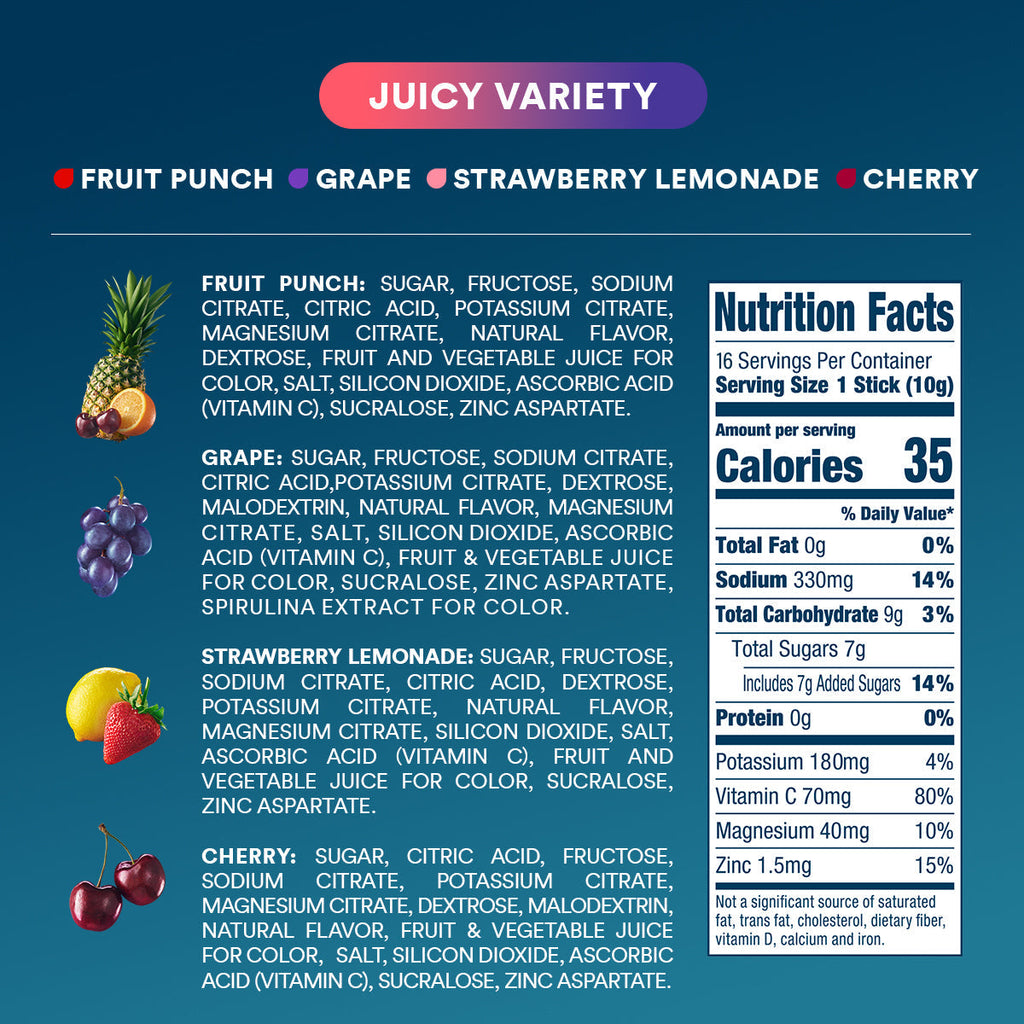 DripDrop Juicy Variety Pack Electrolyte Powder, 8 oz sticks, 16 count O9