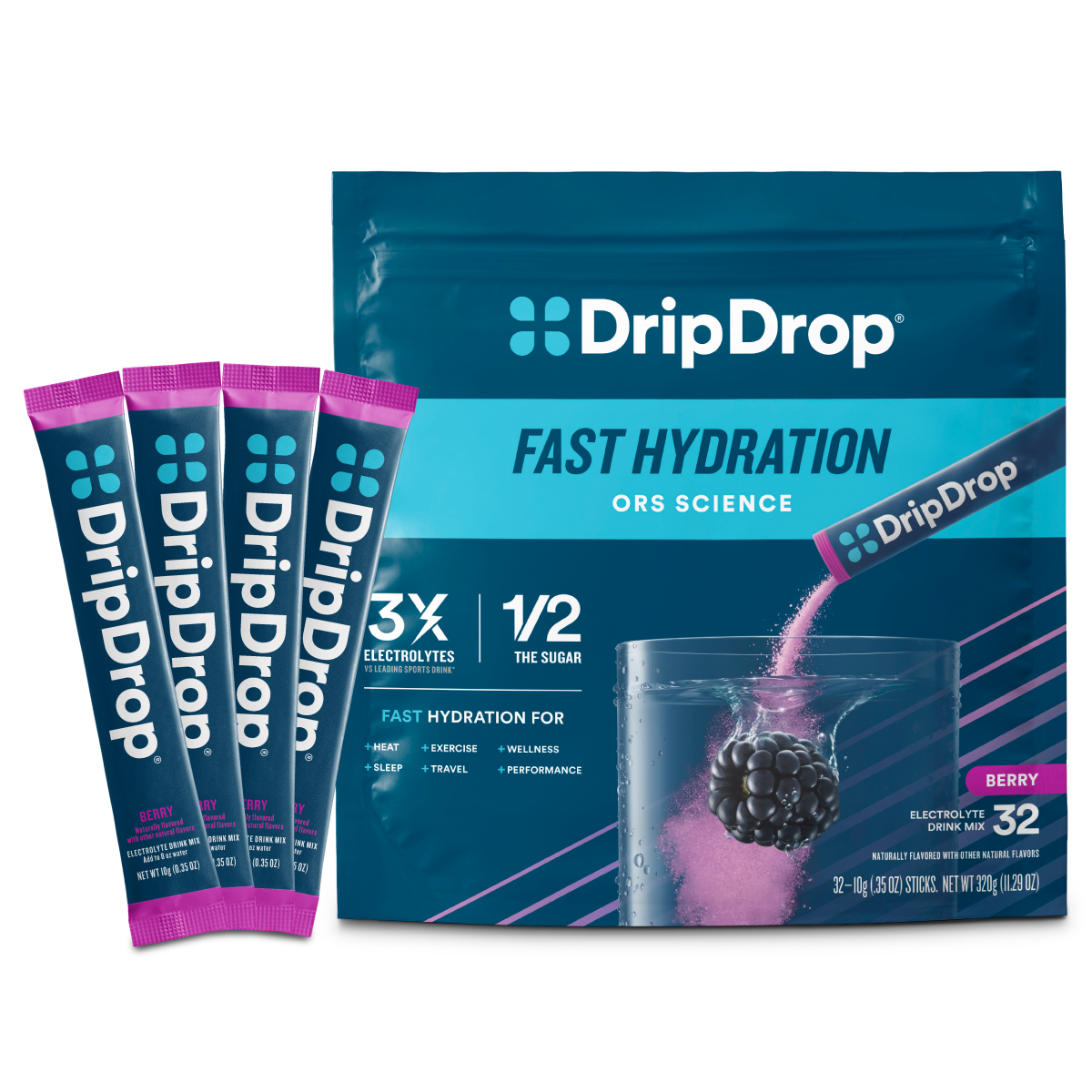 DripDrop Berry Electrolyte Powder, 8 oz sticks, 32 count D5