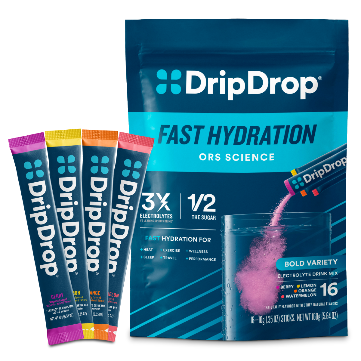 DripDrop Bold Variety Pack Electrolyte Powder, 8 oz sticks, 16 count A5