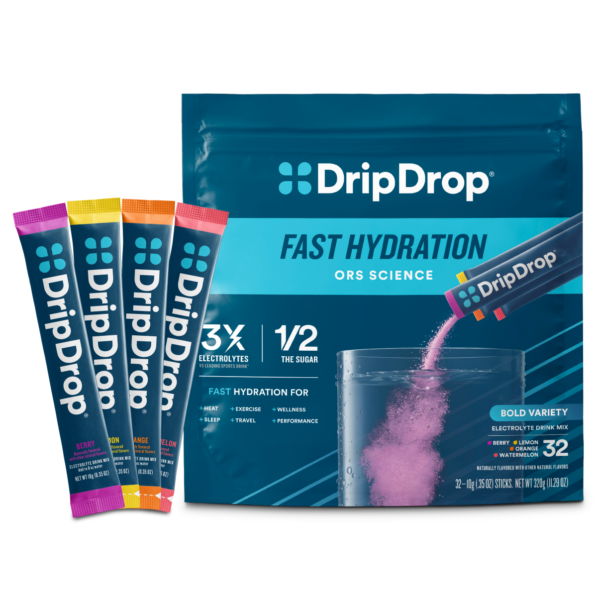 DripDrop Bold Variety Pack Electrolyte Powder, 8 oz sticks, 32 count J6