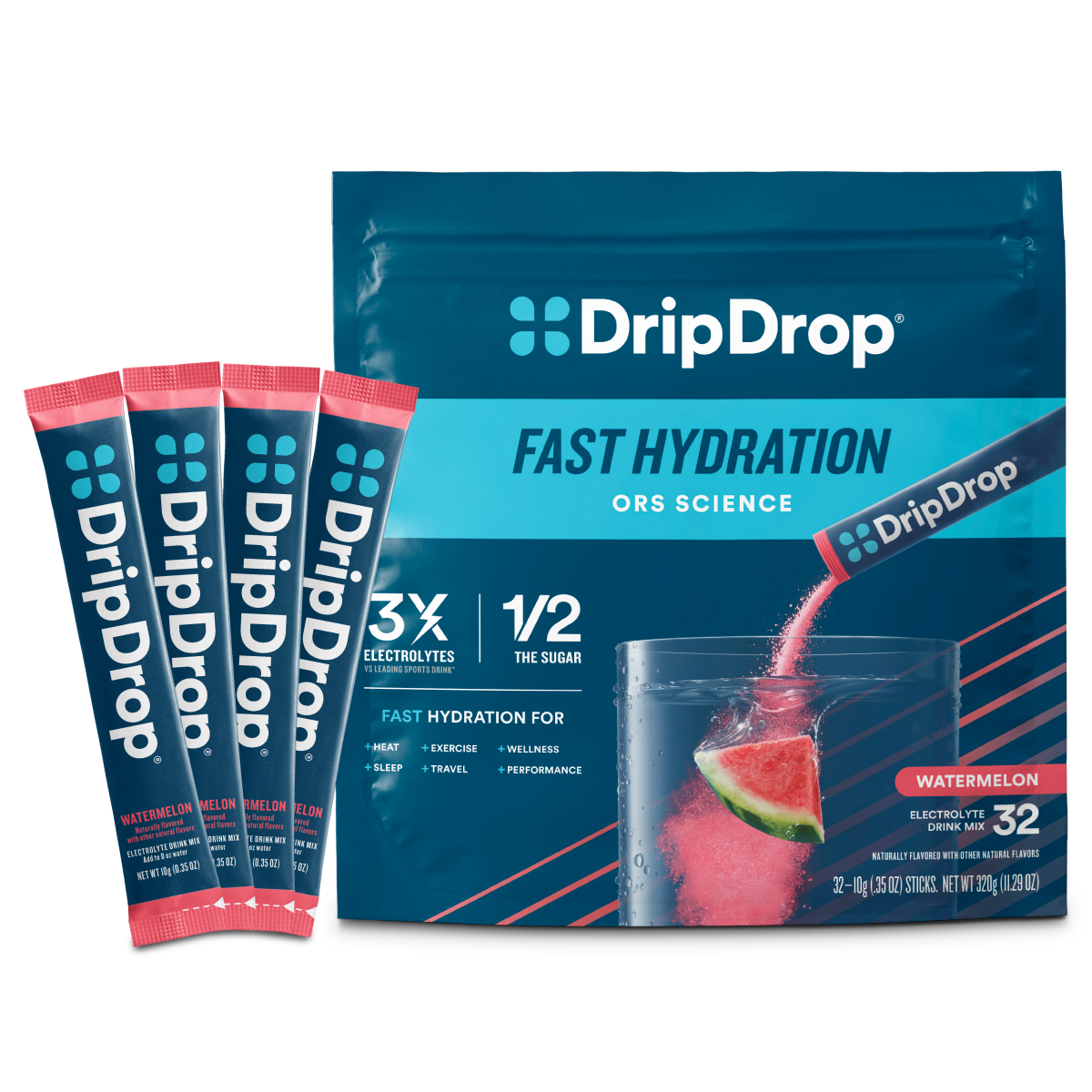 DripDrop Watermelon Electrolyte Powder, 8 oz sticks, 32 count P2