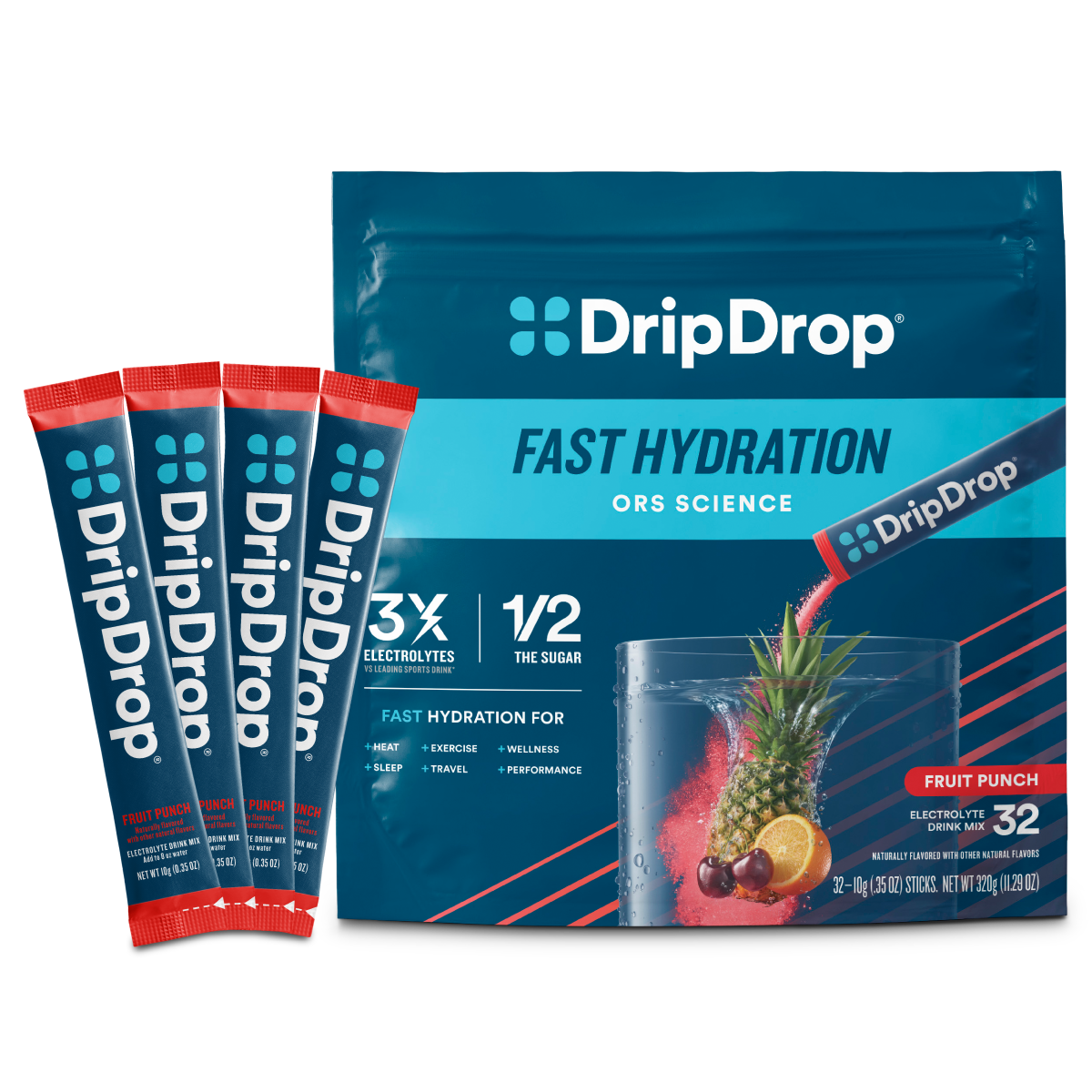 DripDrop Fruit Punch Electrolyte Powder, 8 oz sticks, 32 count K5