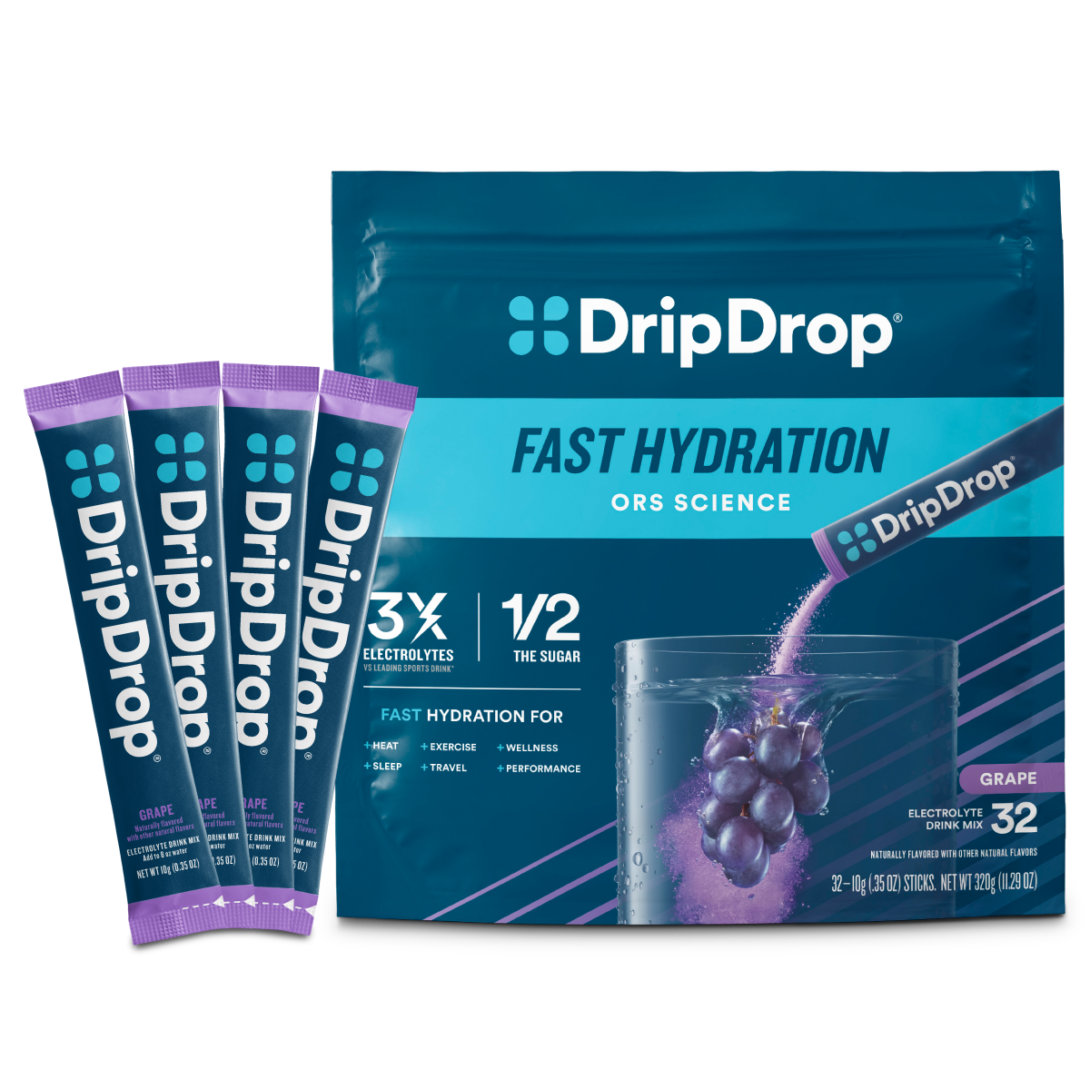 DripDrop Grape Electrolyte Powder, 8 oz sticks, 32 count R8