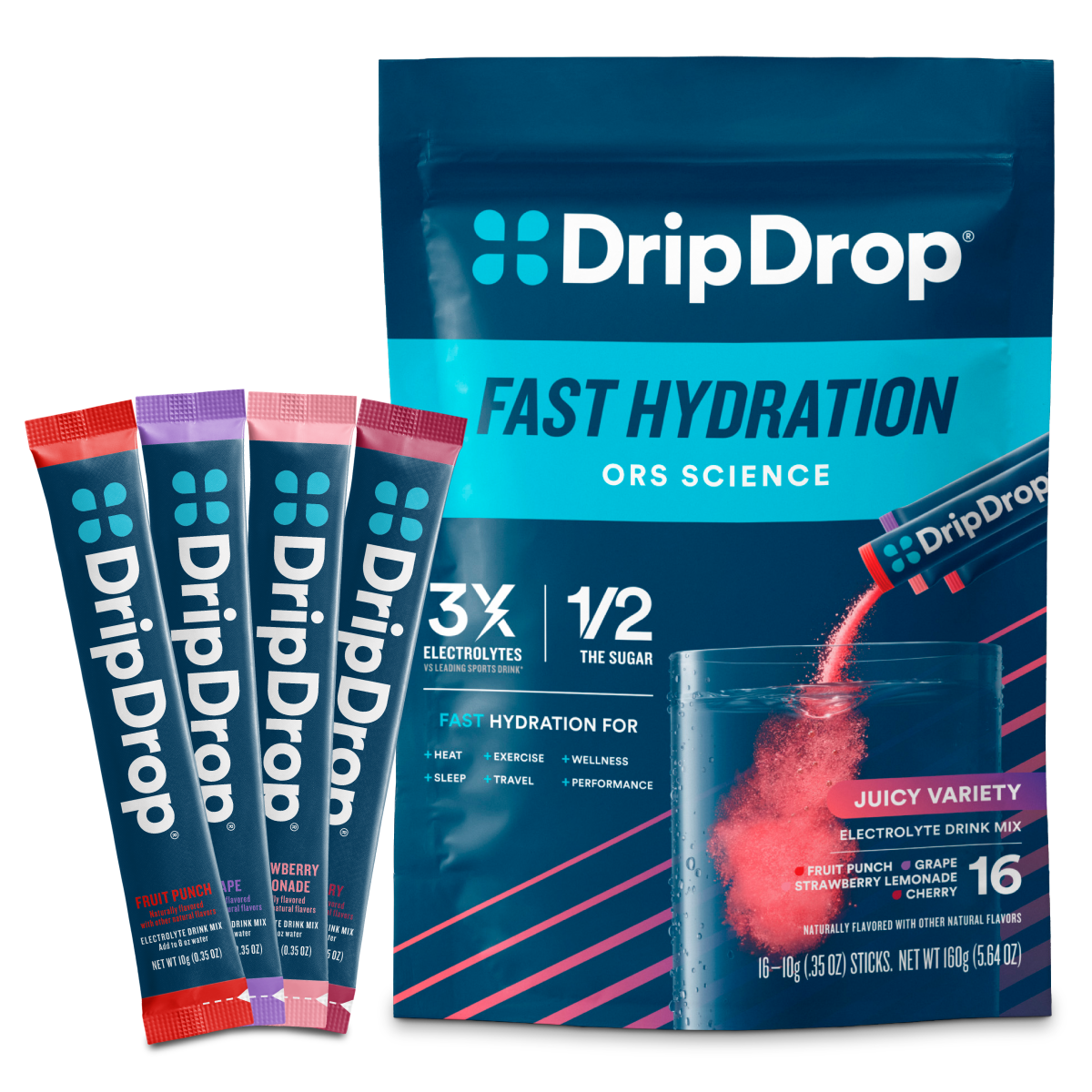 DripDrop Juicy Variety Pack Electrolyte Powder, 8 oz sticks, 16 count O9