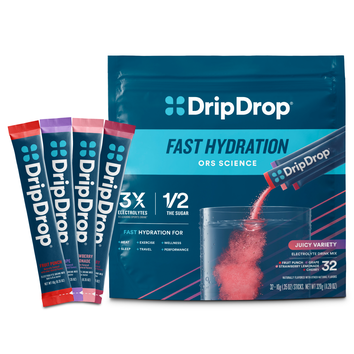 DripDrop Juicy Variety Pack Electrolyte Powder, 8 oz sticks, 32 count T2