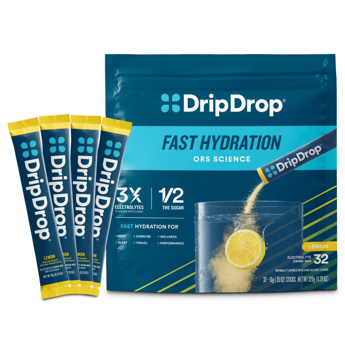 DripDrop Lemon Electrolyte Powder, 8 oz sticks, 32 count V8
