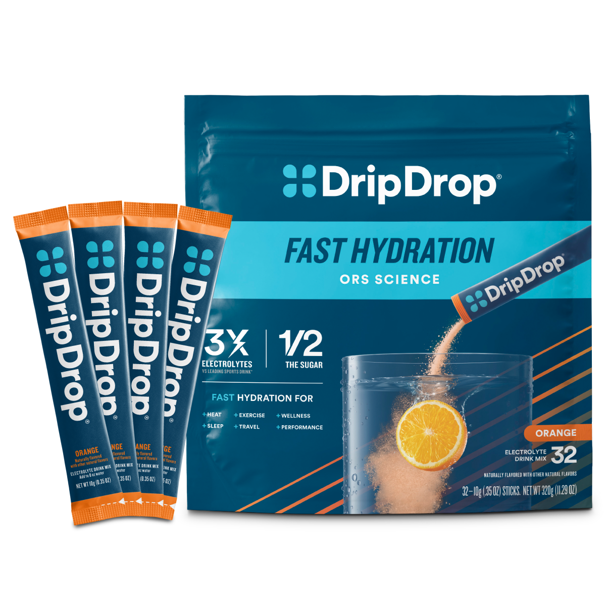 DripDrop Orange Electrolyte Powder, 8 oz sticks, 32 count Q2