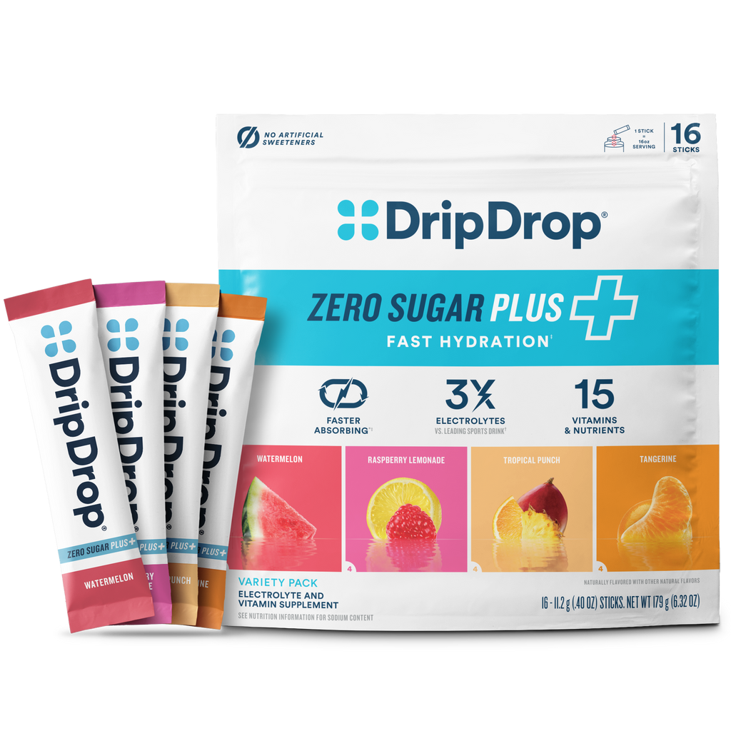 DripDrop Zero Sugar Plus, Watermelon, Tangerine, Tropical Punch, Raspberry Lemonade, 16 oz sticks, 16 count Q8