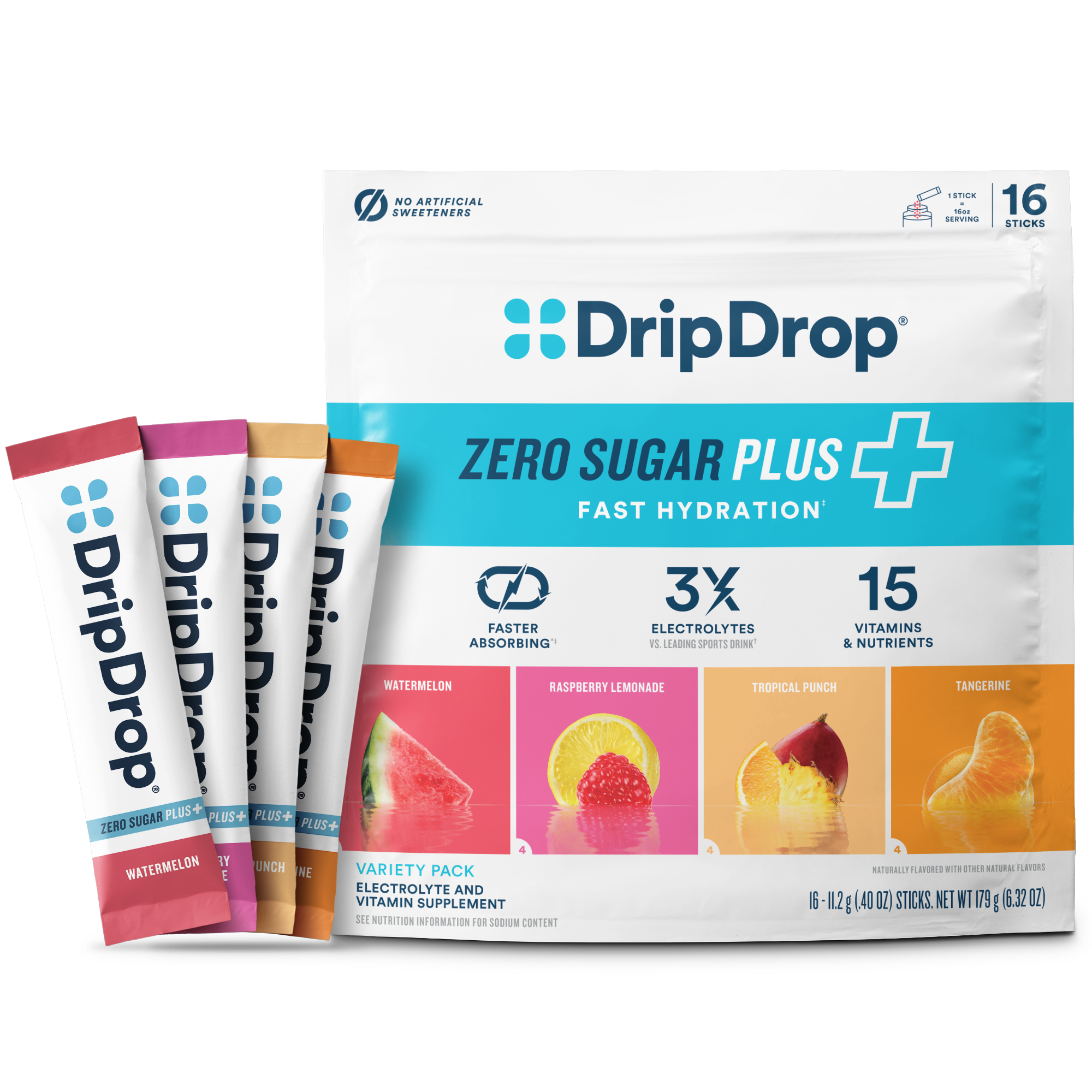 DripDrop Zero Sugar Plus, Watermelon, Tangerine, Tropical Punch, Raspberry Lemonade, 16 oz sticks, 16 count Q8