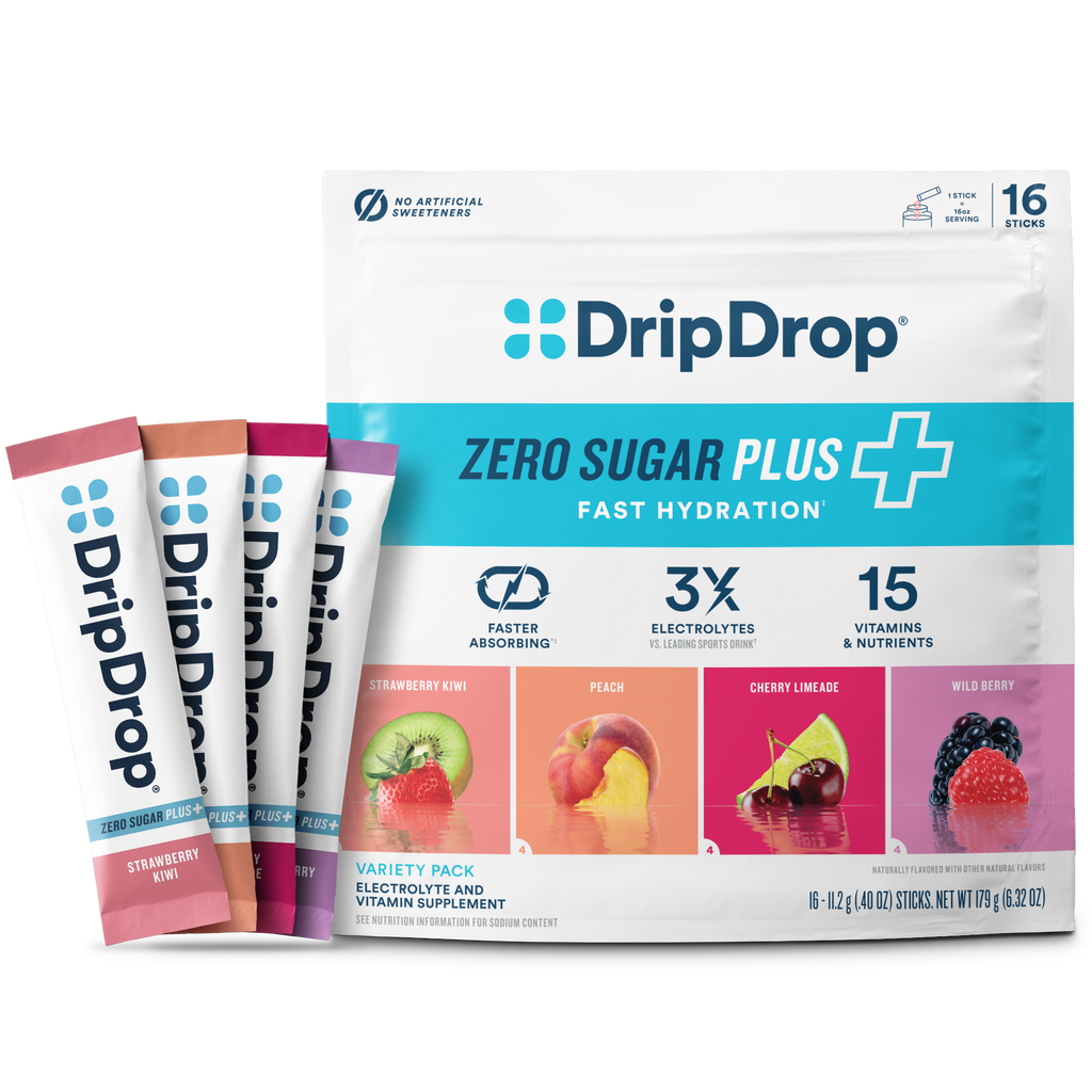 DripDrop Zero Sugar Plus, Strawberry Kiwi, Peach, Cherry Limeade, Wild Berry, 16 oz sticks, 16 count Q4