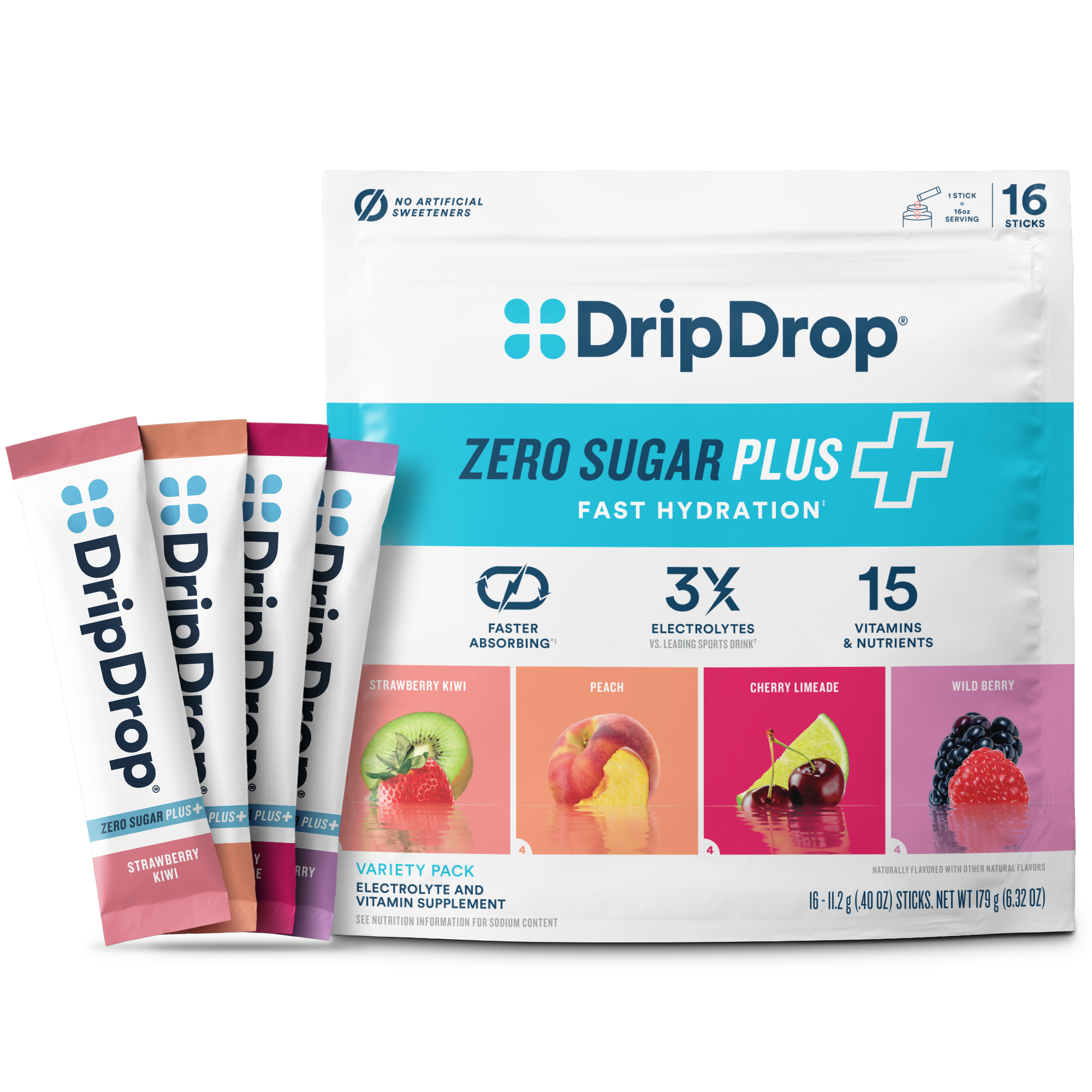 DripDrop Zero Sugar Plus, Strawberry Kiwi, Peach, Cherry Limeade, Wild Berry, 16 oz sticks, 16 count Q4