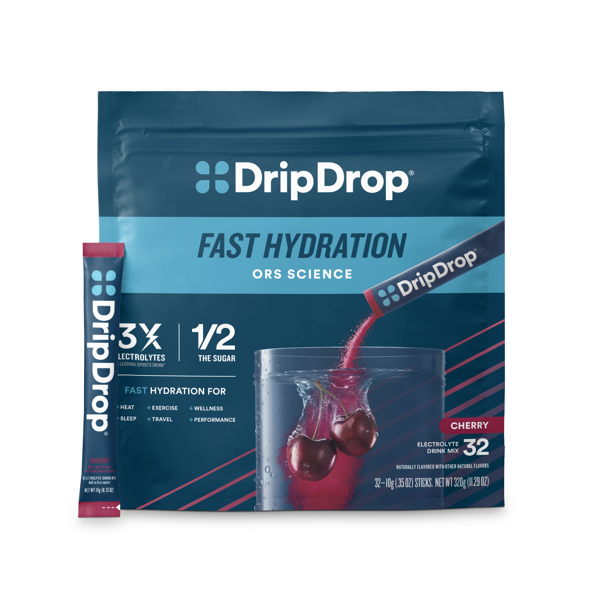 DripDrop Cherry Electrolyte Powder, 8 oz sticks, 32 count Y1