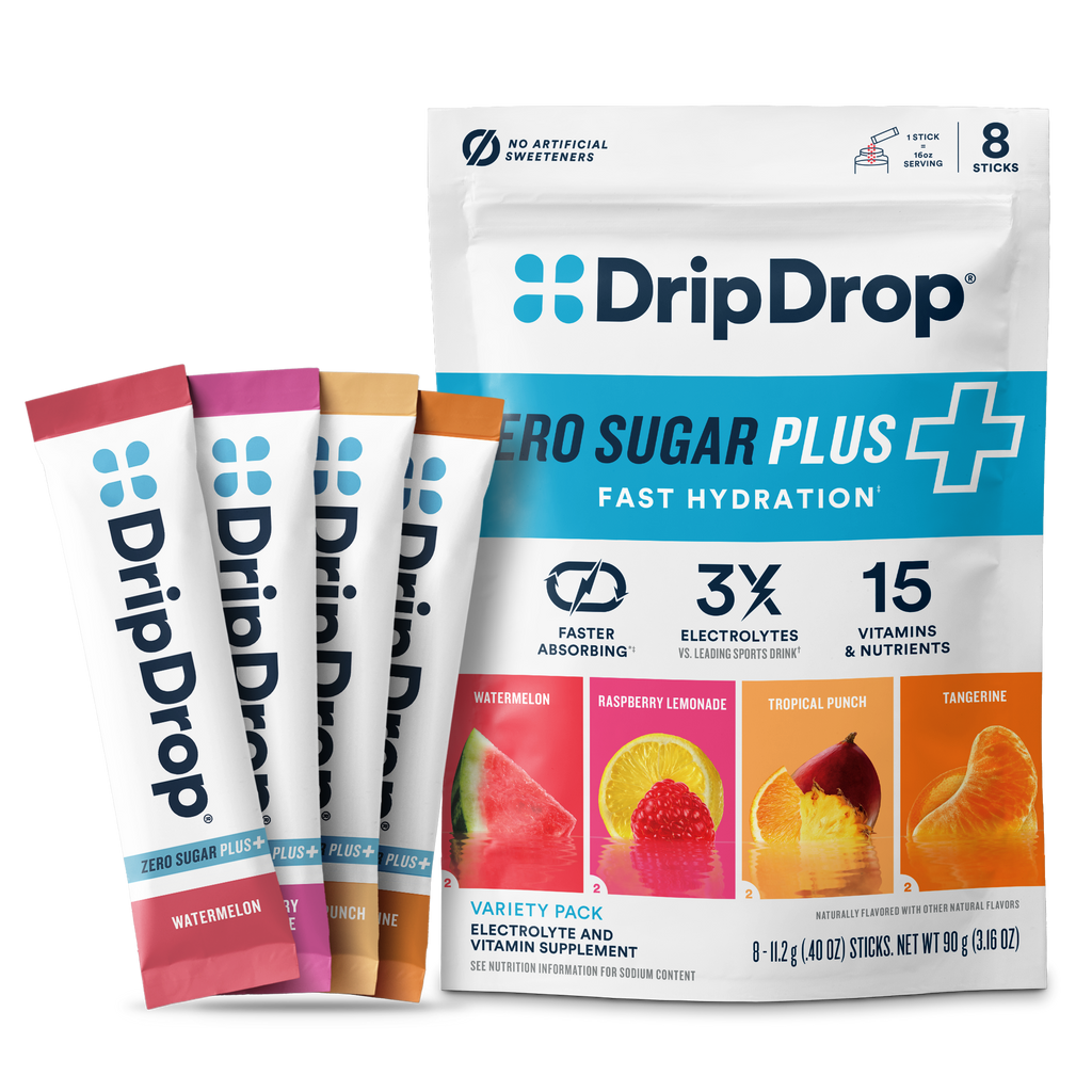 DripDrop Zero Sugar Plus, Watermelon, Tangerine, Tropical Punch, Raspberry Lemonade, 16 oz sticks, 8 count G6