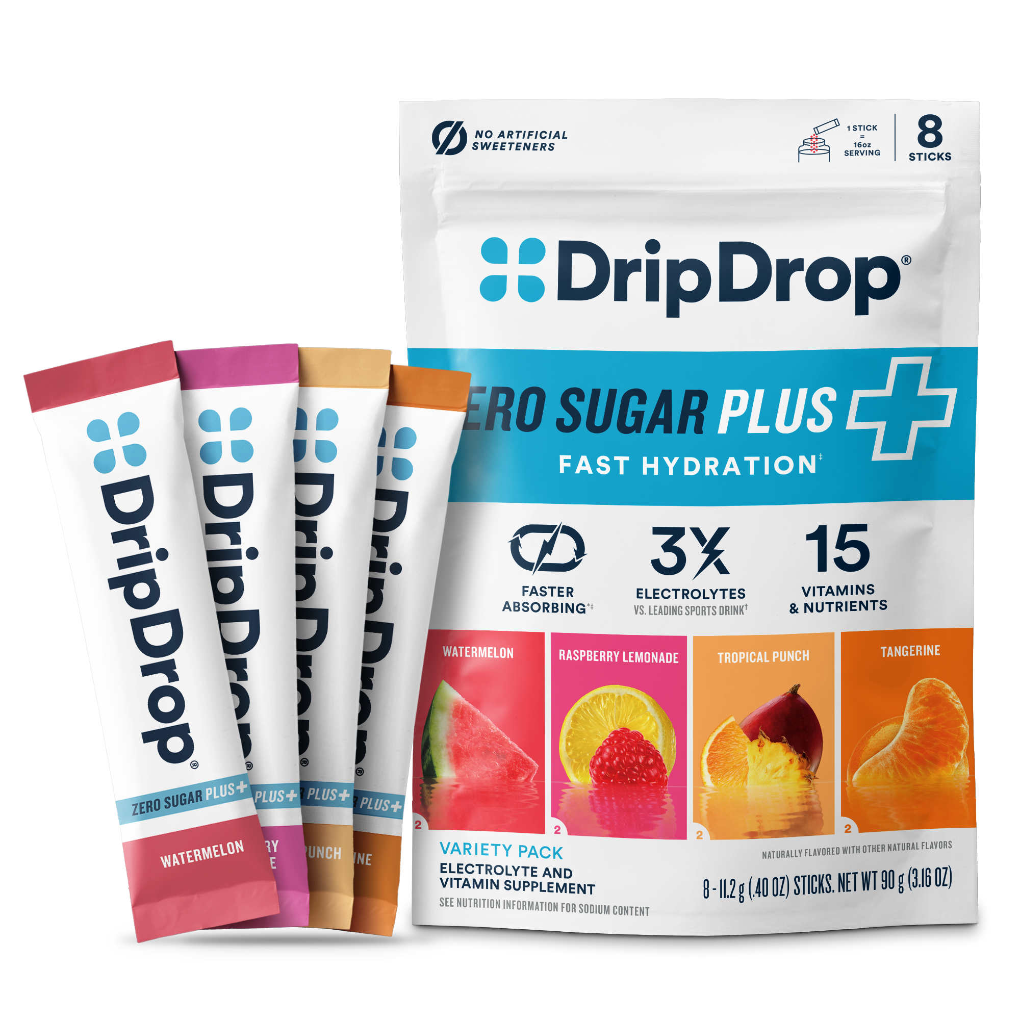 DripDrop Zero Sugar Plus, Watermelon, Tangerine, Tropical Punch, Raspberry Lemonade, 16 oz sticks, 8 count G6