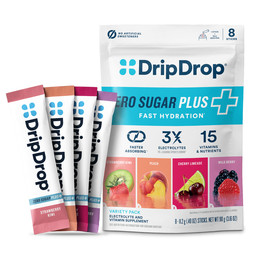 DripDrop Zero Sugar Plus, Strawberry Kiwi, Peach, Cherry Limeade, Wild Berry, 16 oz sticks, 8 count I4