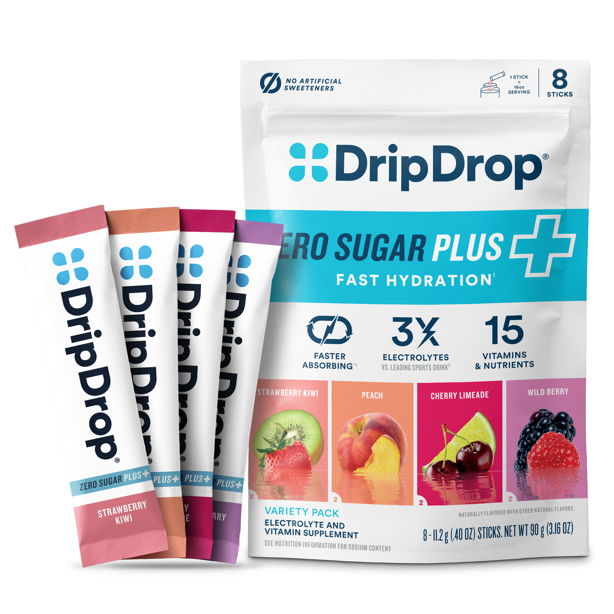 DripDrop Zero Sugar Plus, Strawberry Kiwi, Peach, Cherry Limeade, Wild Berry, 16 oz sticks, 8 count I4