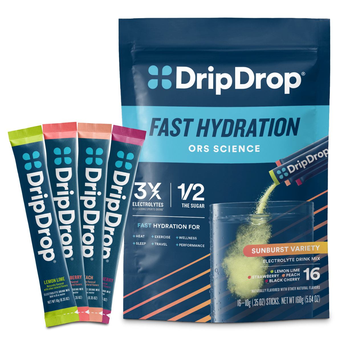 DripDrop Sunburst Variety Pack Electrolyte Powder, 8 oz sticks, 16 count M9