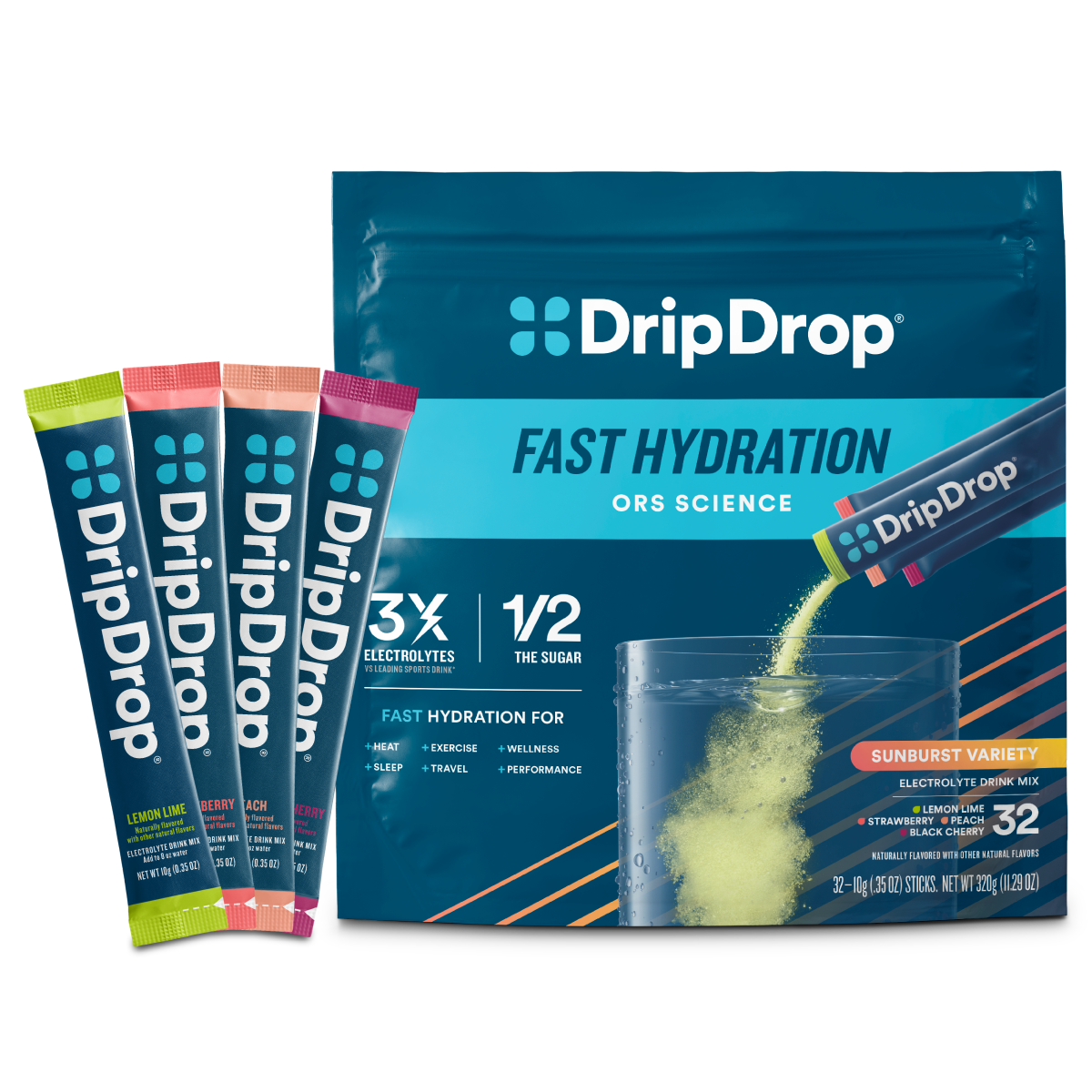 DripDrop Sunburst Variety Pack Electrolyte Powder, 8 oz sticks, 32 count P8