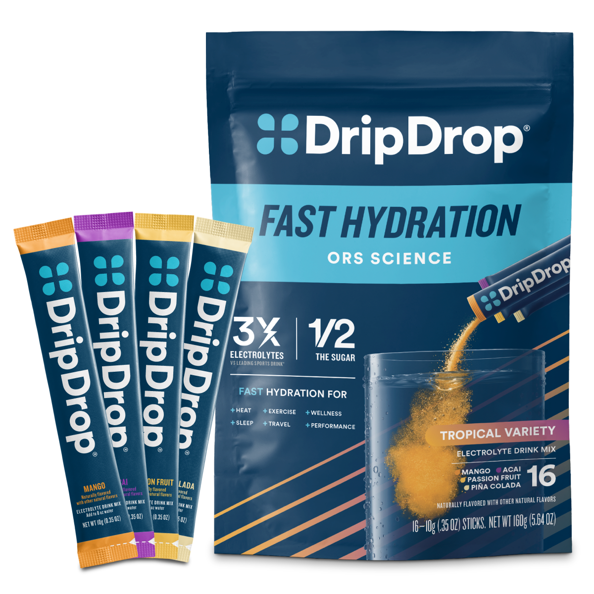 DripDrop Tropical Variety Pack Electrolyte Powder, 8 oz sticks, 16 count B3