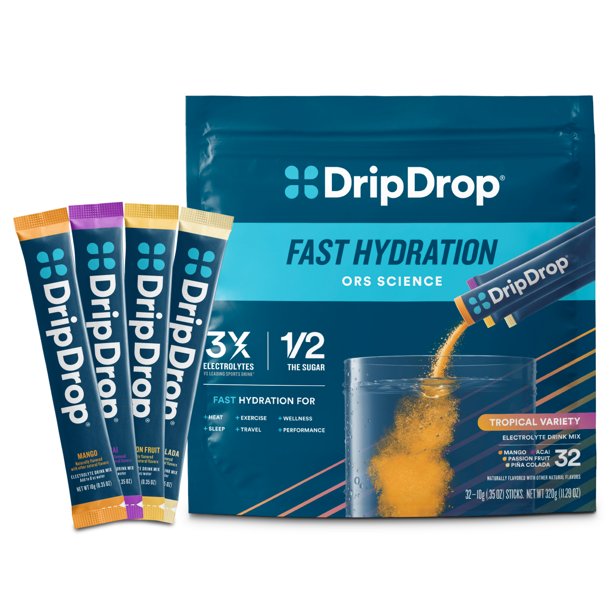 DripDrop Tropical Variety Pack Electrolyte Powder, 8 oz sticks, 32 count H2