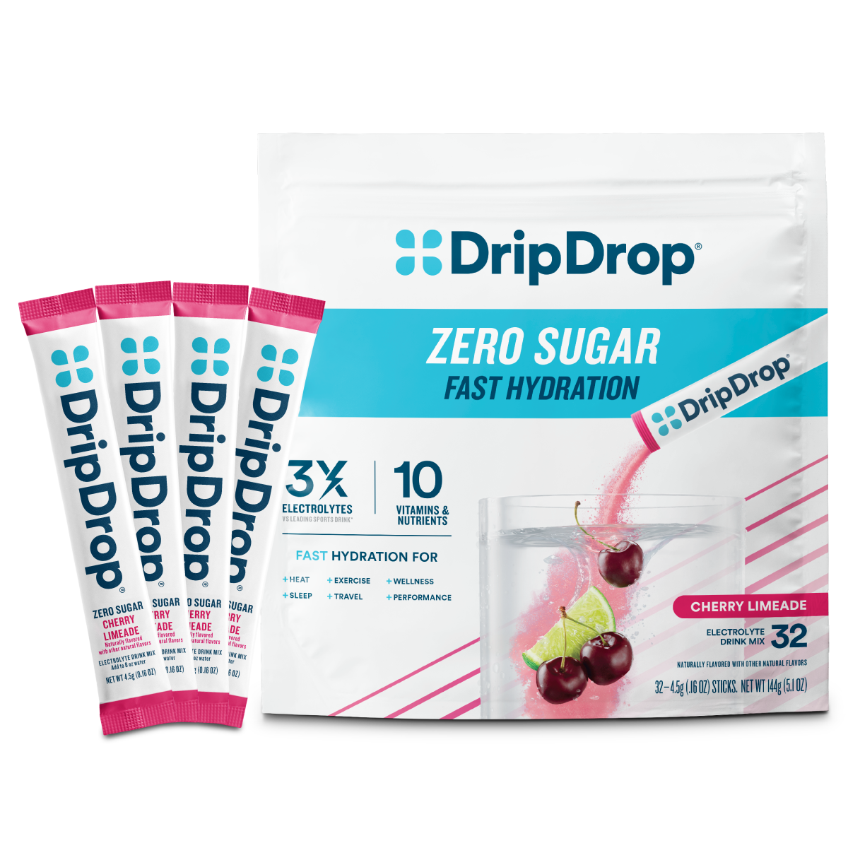 DripDrop Zero Sugar Cherry Limeade Electrolyte Powder, 8 oz sticks, 32 count Z4
