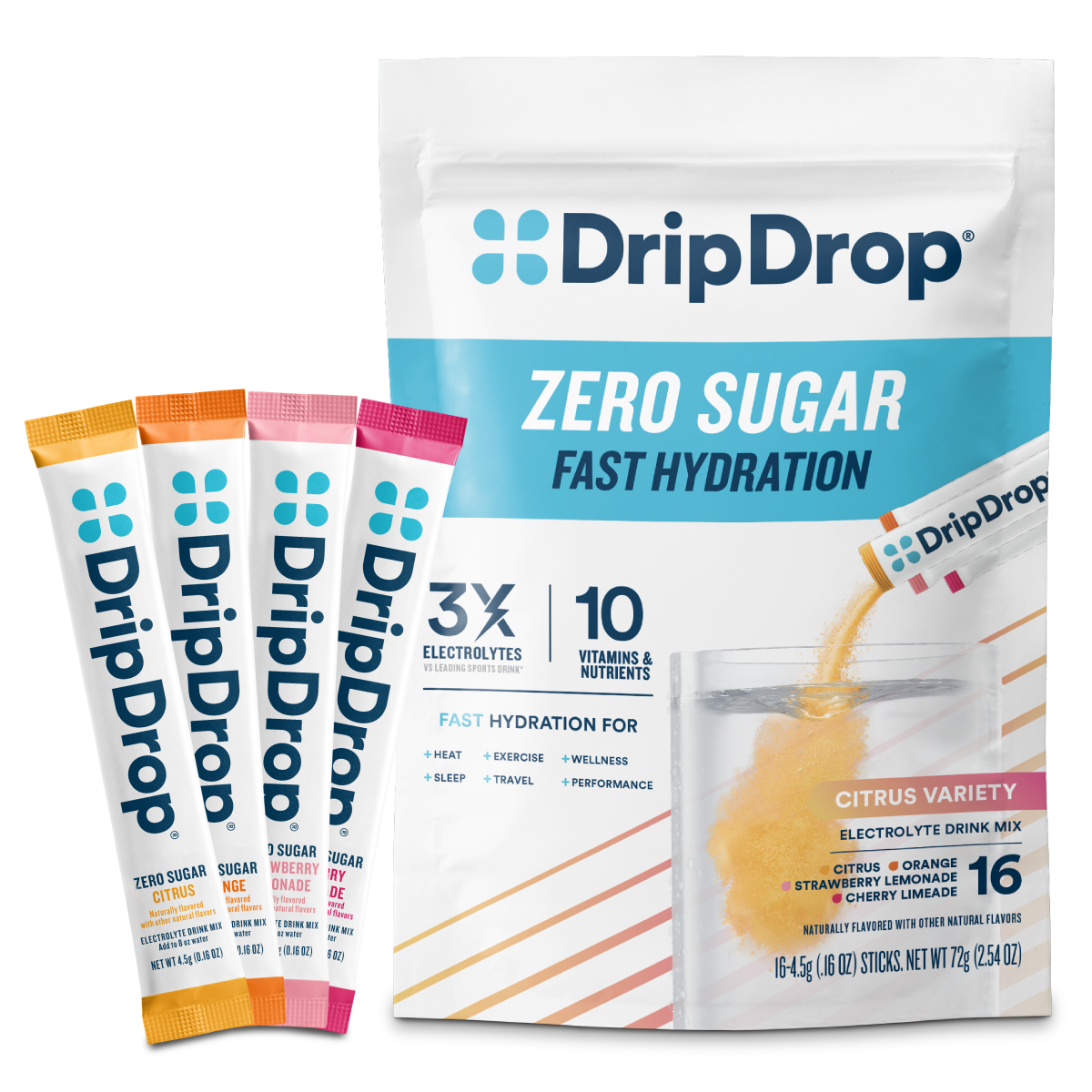 DripDrop Zero Sugar Citrus Variety Pack Electrolyte Powder, 8 oz sticks, 16 count N4