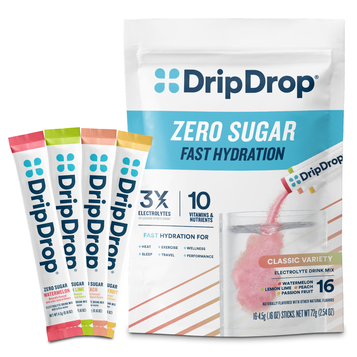 DripDrop Zero Sugar Classic Variety Pack Electrolyte Powder, 8 oz sticks, 16 count S5