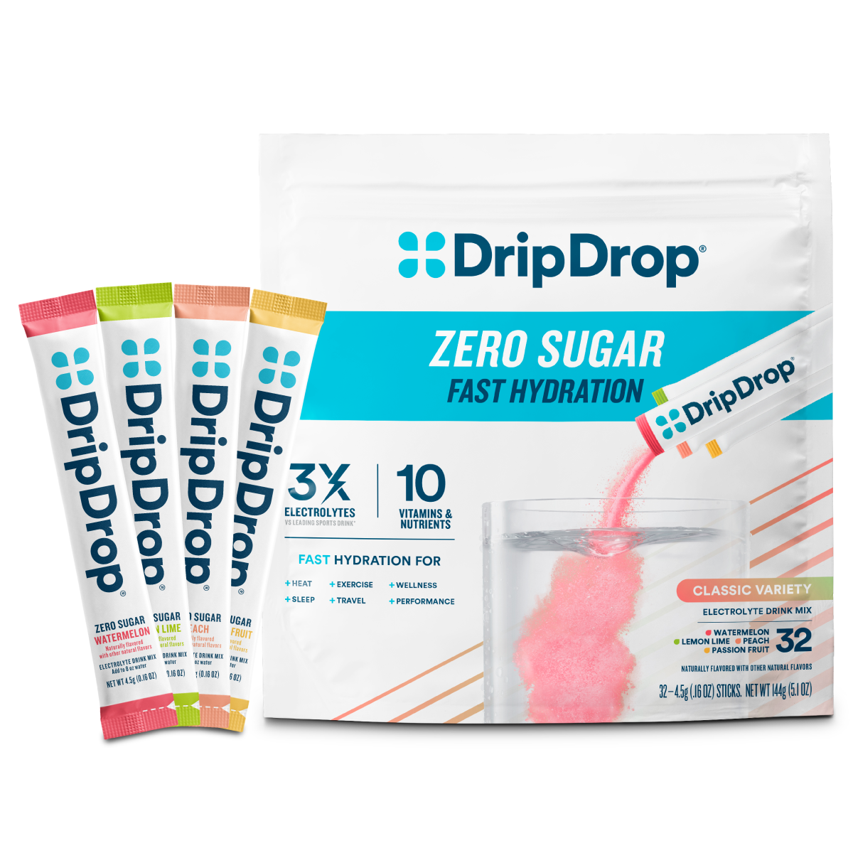 DripDrop Zero Sugar Classic Variety Pack Electrolyte Powder, 8 oz sticks, 32 count A1