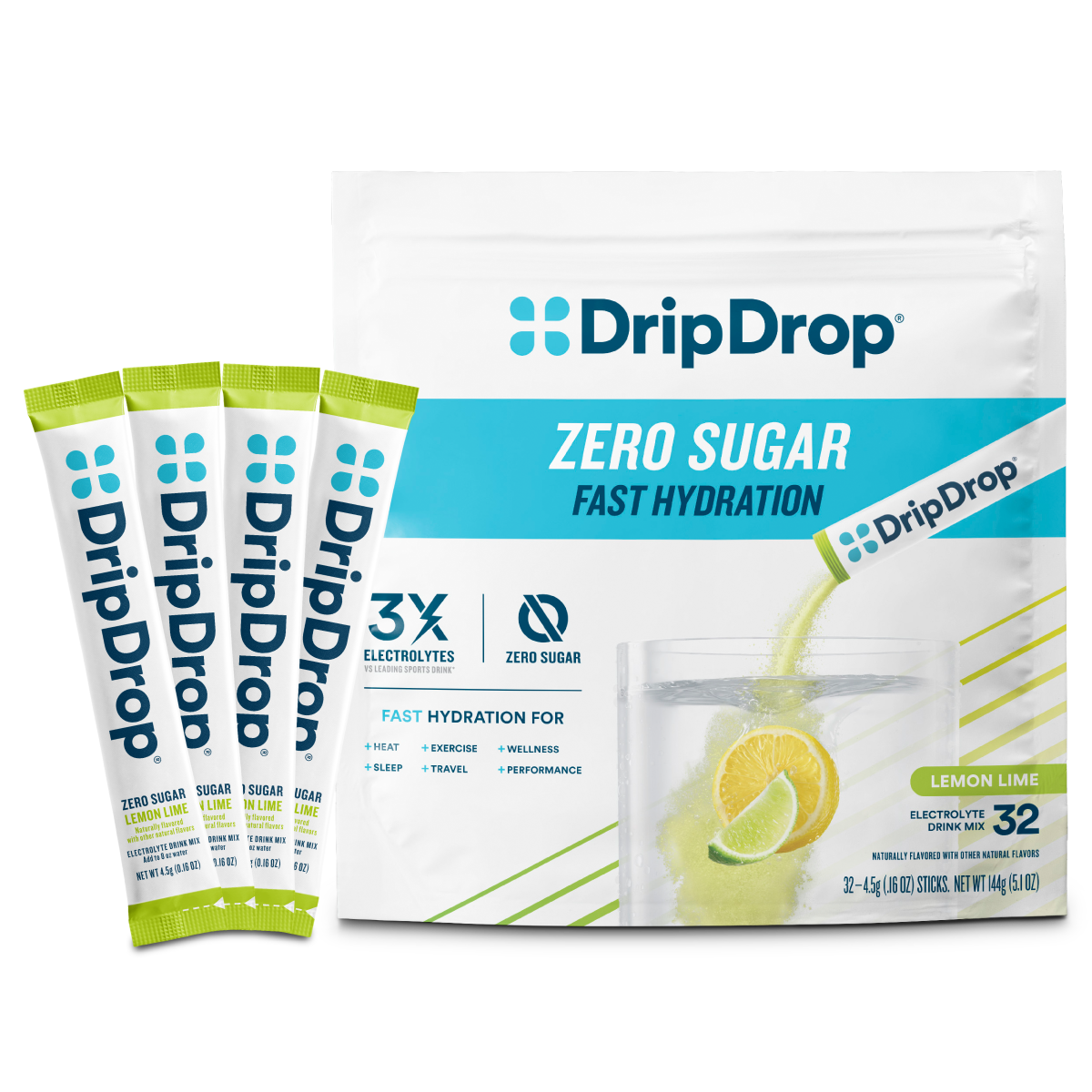 DripDrop Zero Sugar Lemon Lime Electrolyte Powder, 8 oz sticks, 32 count W9