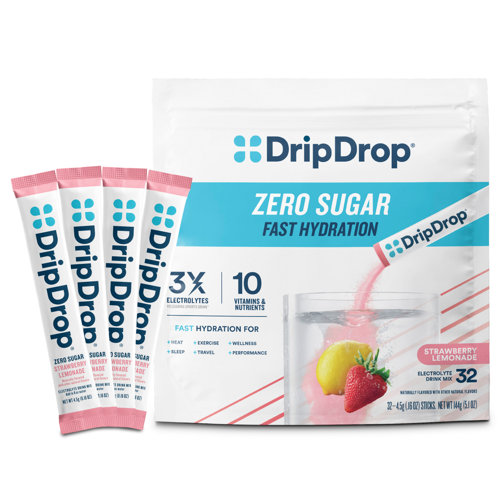 DripDrop Zero Sugar Strawberry Lemonade Electrolyte Powder, 8 oz sticks, 32 count L0
