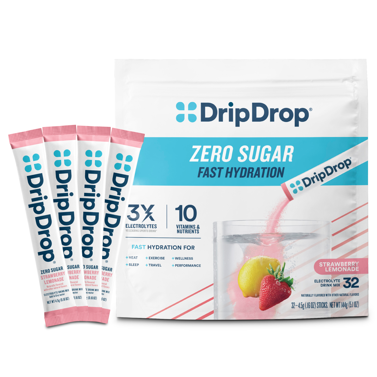 DripDrop Zero Sugar Strawberry Lemonade Electrolyte Powder, 8 oz sticks, 32 count L0