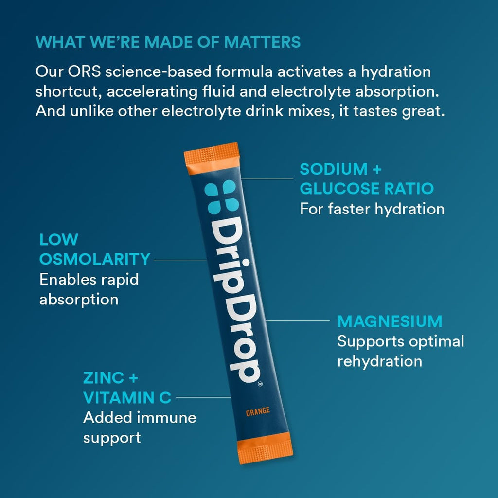 DripDrop Orange Electrolyte Powder, 8 oz sticks, 32 count Q2