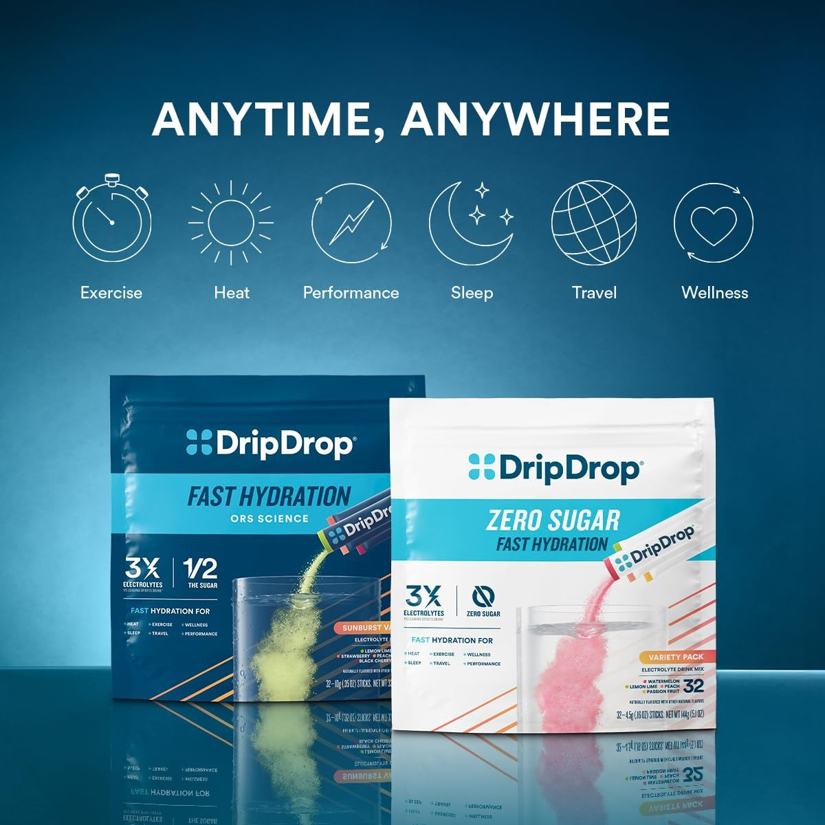 DripDrop Sunburst Variety Pack Electrolyte Powder, 8 oz sticks, 32 count P8