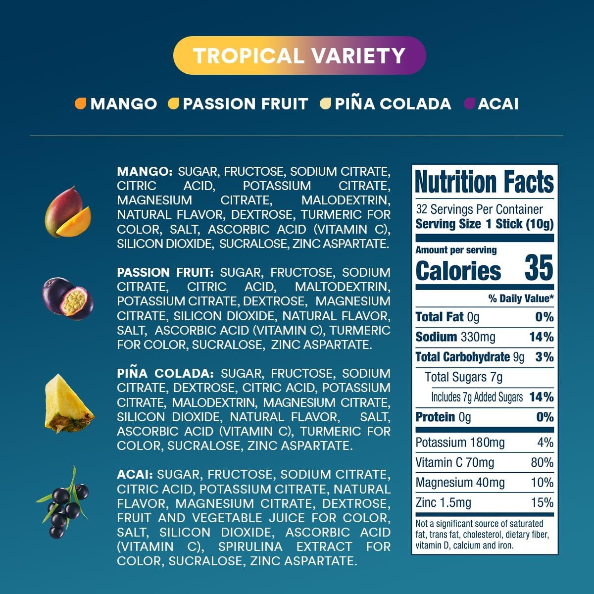DripDrop Tropical Variety Pack Electrolyte Powder, 8 oz sticks, 32 count H2
