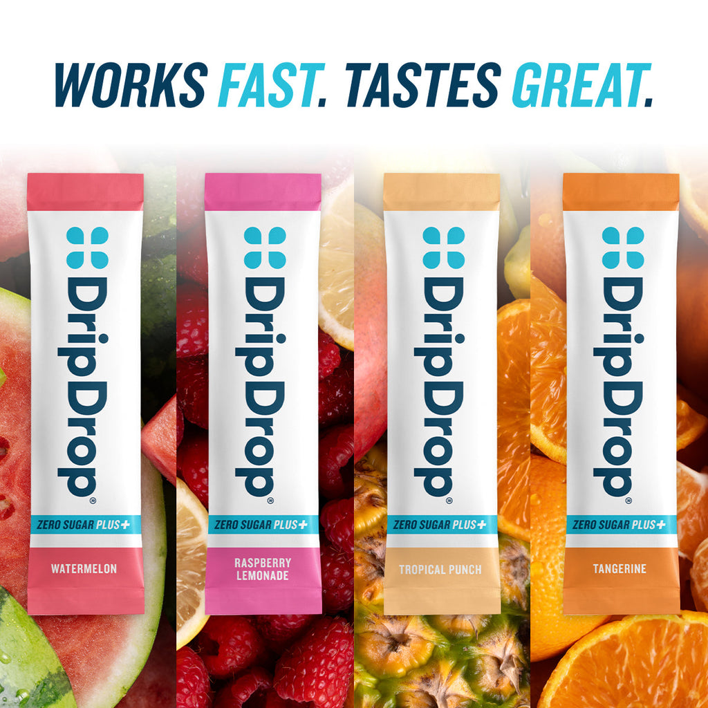 DripDrop Zero Sugar Plus, Watermelon, Tangerine, Tropical Punch, Raspberry Lemonade, 16 oz sticks, 16 count Q8