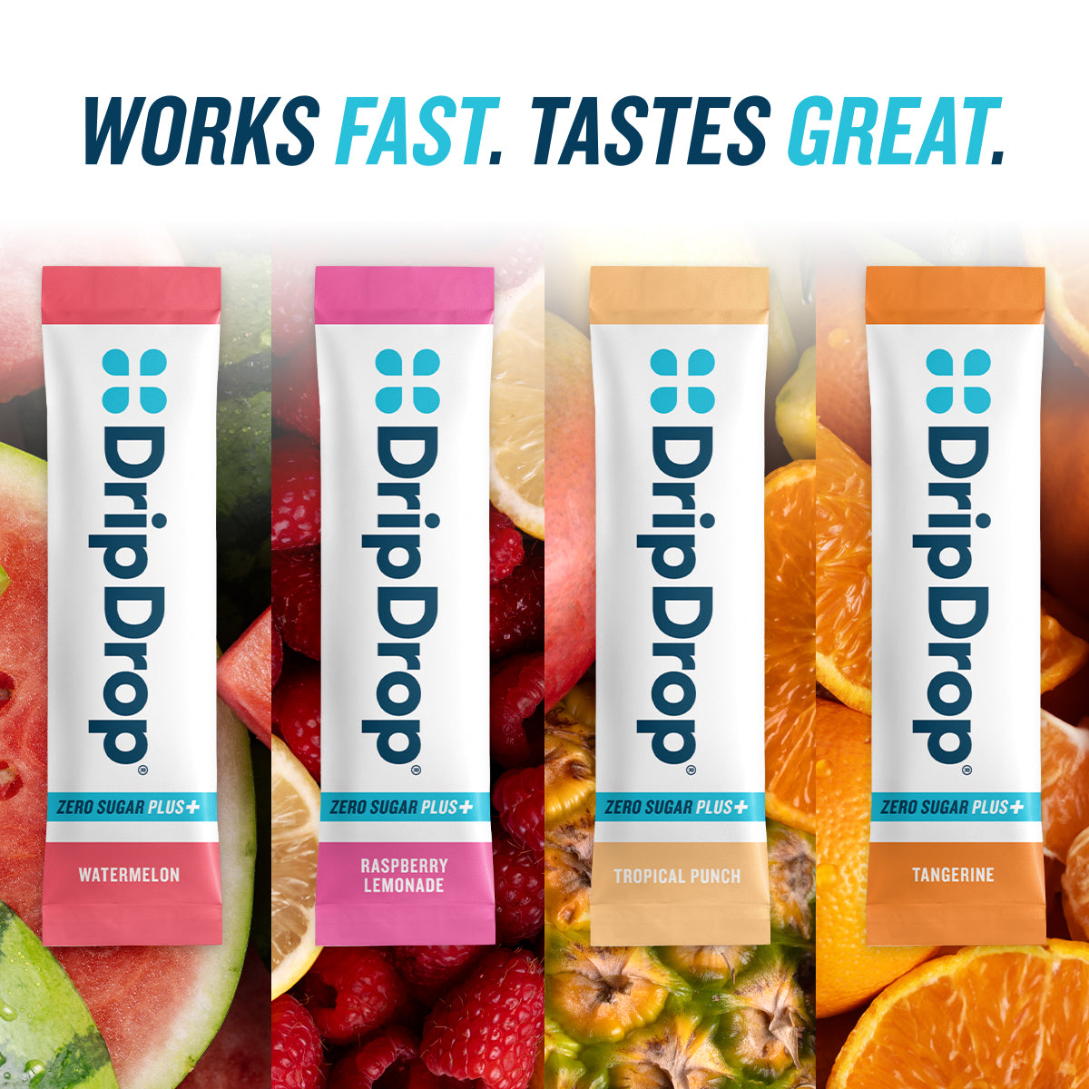DripDrop Zero Sugar Plus, Watermelon, Tangerine, Tropical Punch, Raspberry Lemonade, 16 oz sticks, 8 count G6