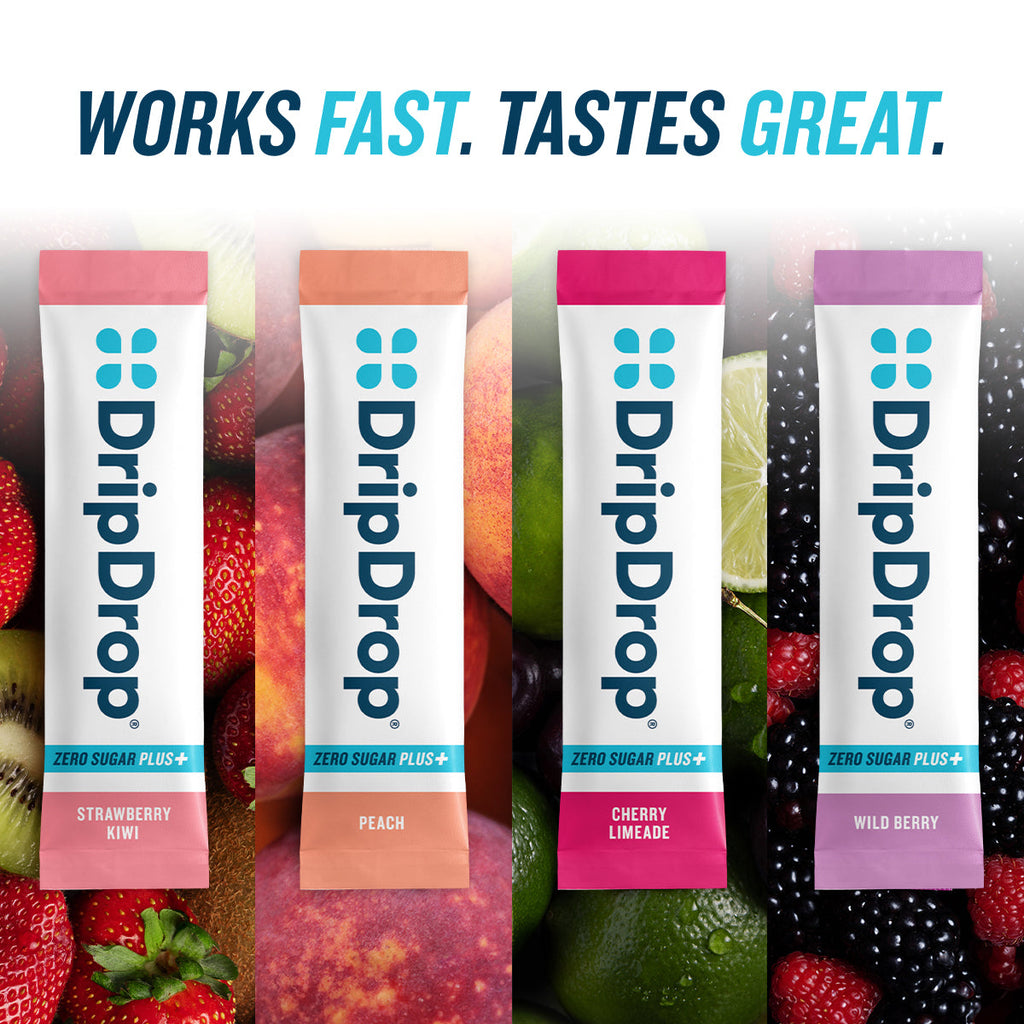 DripDrop Zero Sugar Plus, Strawberry Kiwi, Peach, Cherry Limeade, Wild Berry, 16 oz sticks, 16 count Q4
