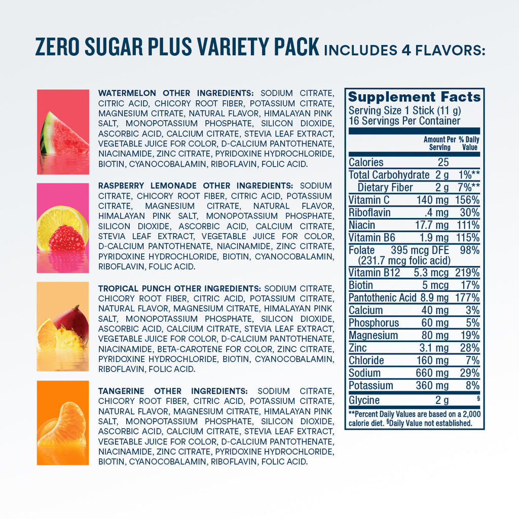 DripDrop Zero Sugar Plus, Watermelon, Tangerine, Tropical Punch, Raspberry Lemonade, 16 oz sticks, 16 count Q8
