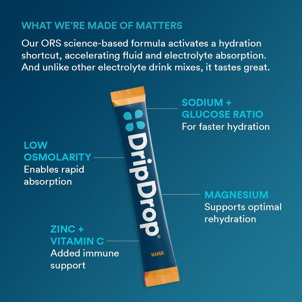 DripDrop Tropical Variety Pack Electrolyte Powder, 8 oz sticks, 32 count H2