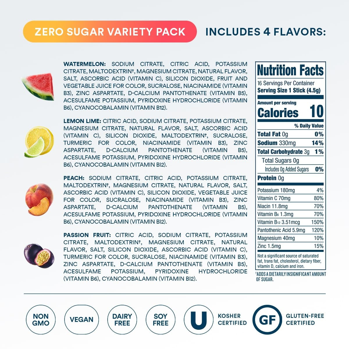 DripDrop Zero Sugar Classic Variety Pack Electrolyte Powder, 8 oz sticks, 16 count S5